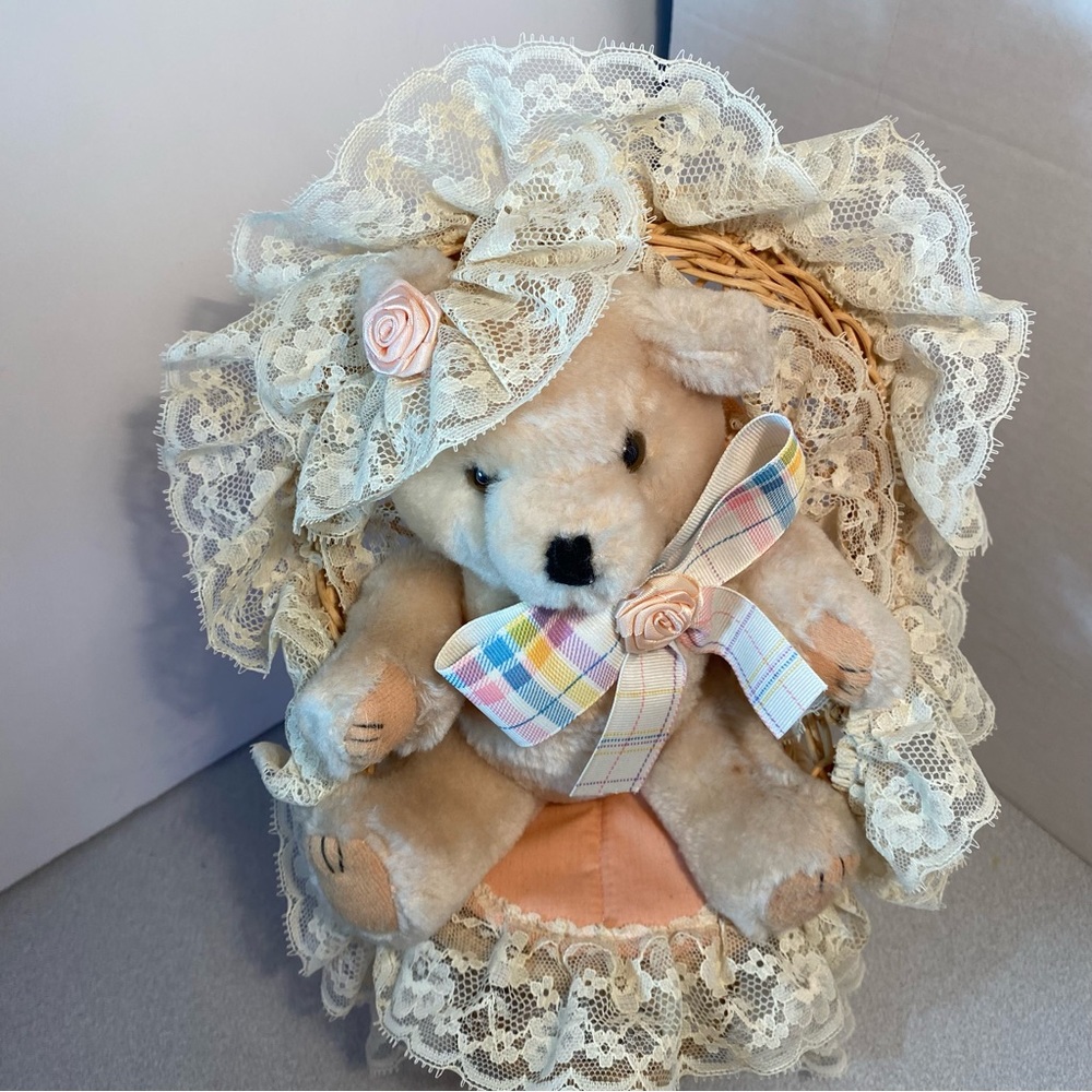 Dan Dee Vintage Victorian jointed Teddy Bear sitting on Wicker Peacock Chair
